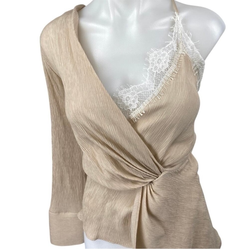 New Zara Beige Tan Asymmetrical Cami V Neck Lace One Shoulder Blouse Top - Picture 15 of 16